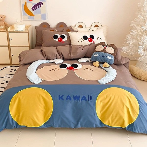 Children's Cartoon Bear Cotton Duvet Cover Bedding Set with Plush Pillow Shams