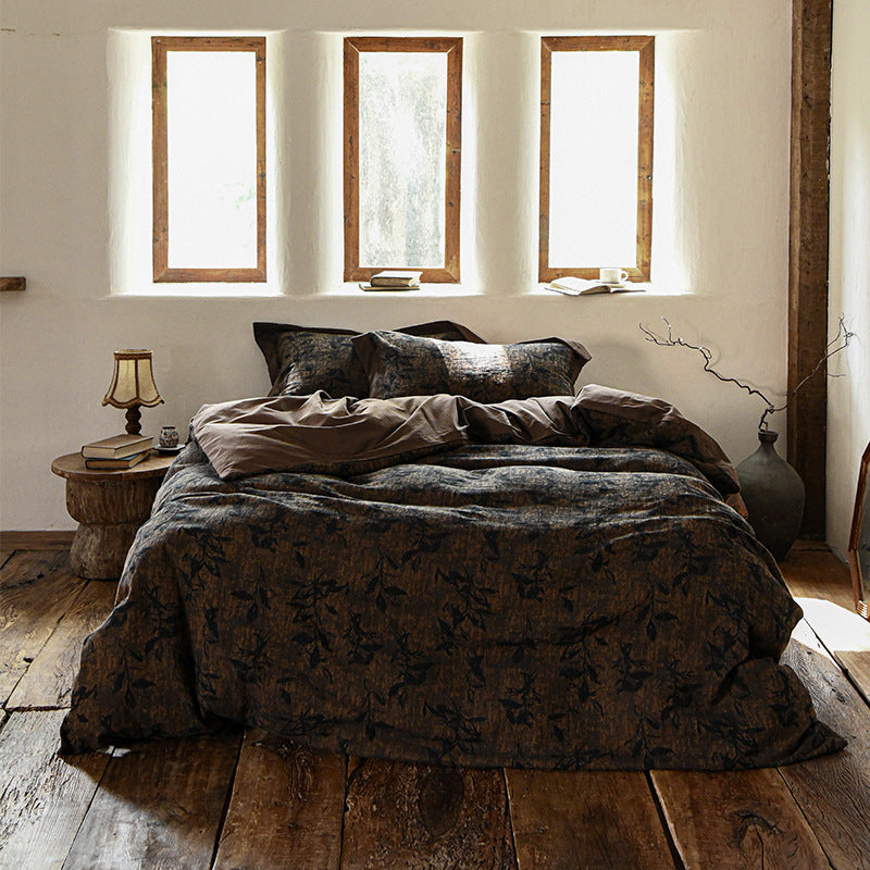 Luxury Breathable Linen Duvet Cover Set with Botanical Jacquard Texture