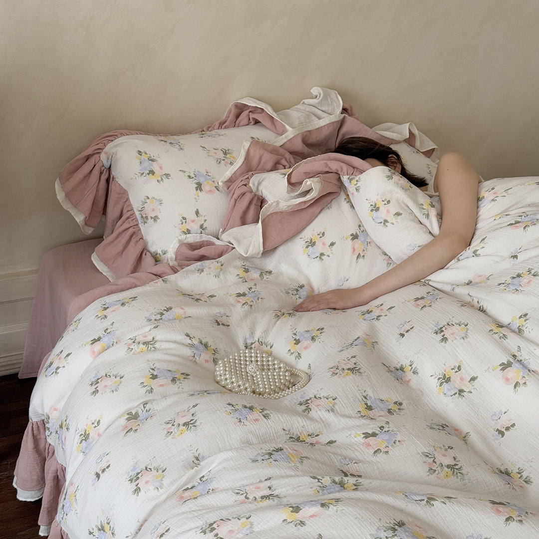 Quilted Floral Ruffled Duvet Cover Set with Pillow Shams and Layered Ruffle Hem