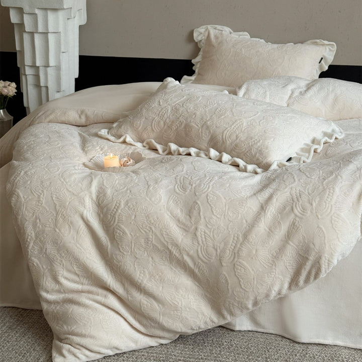Plush Embossed Butterfly Jacquard Duvet Cover Set with Ruffled Pillow Shams