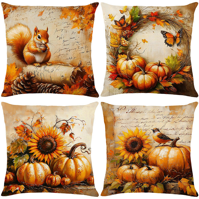 Autumn Harvest Sunflower & Pumpkin Linen-Texture Square Throw Pillow Cover with Hidden Zipper