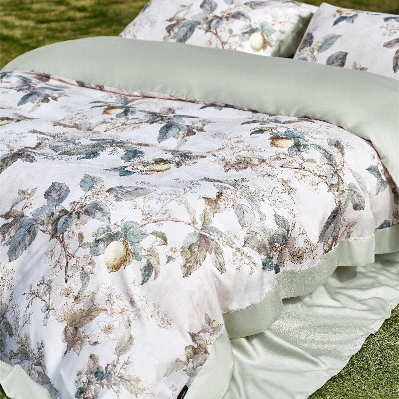 Botanical Lemon Cotton-Sateen Duvet Cover Set with Scalloped Hem