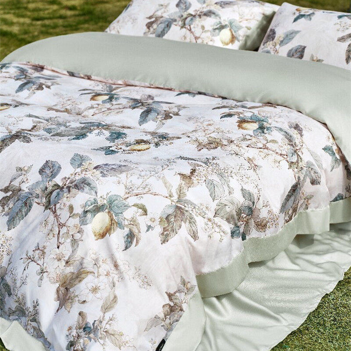 Botanical Lemon Cotton-Sateen Duvet Cover Set with Scalloped Hem