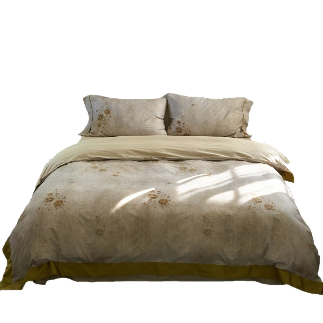 Washed Linen‑Feel Vintage Botanical Duvet Cover Set with Subtle Distressed Print