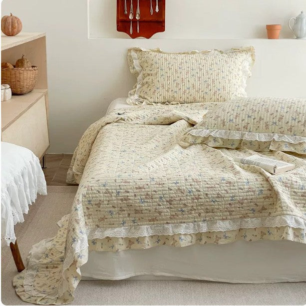 Quilted Ruffled Floral Cotton Coverlet Bedspread Set with Lace-Trim Pillow Shams