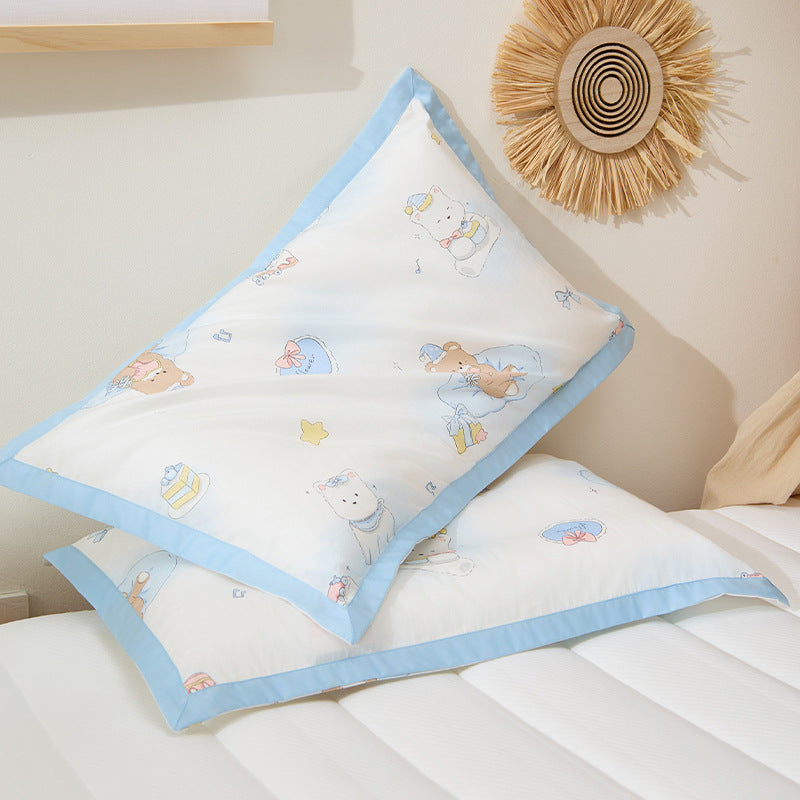 Kids Cotton Pillowcase Set Nautical Whale Print with Blue Contrast Border