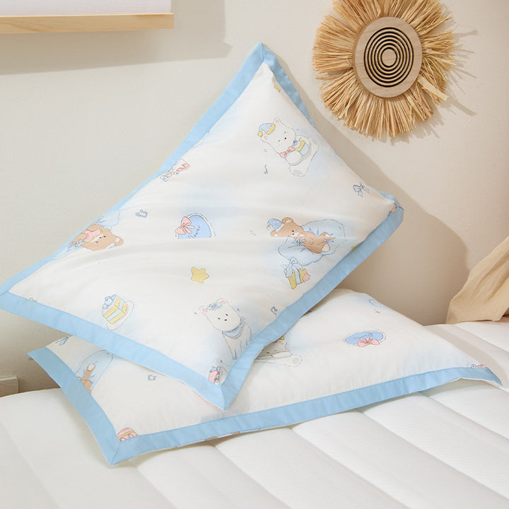 Kids Cotton Pillowcase Set Nautical Whale Print with Blue Contrast Border