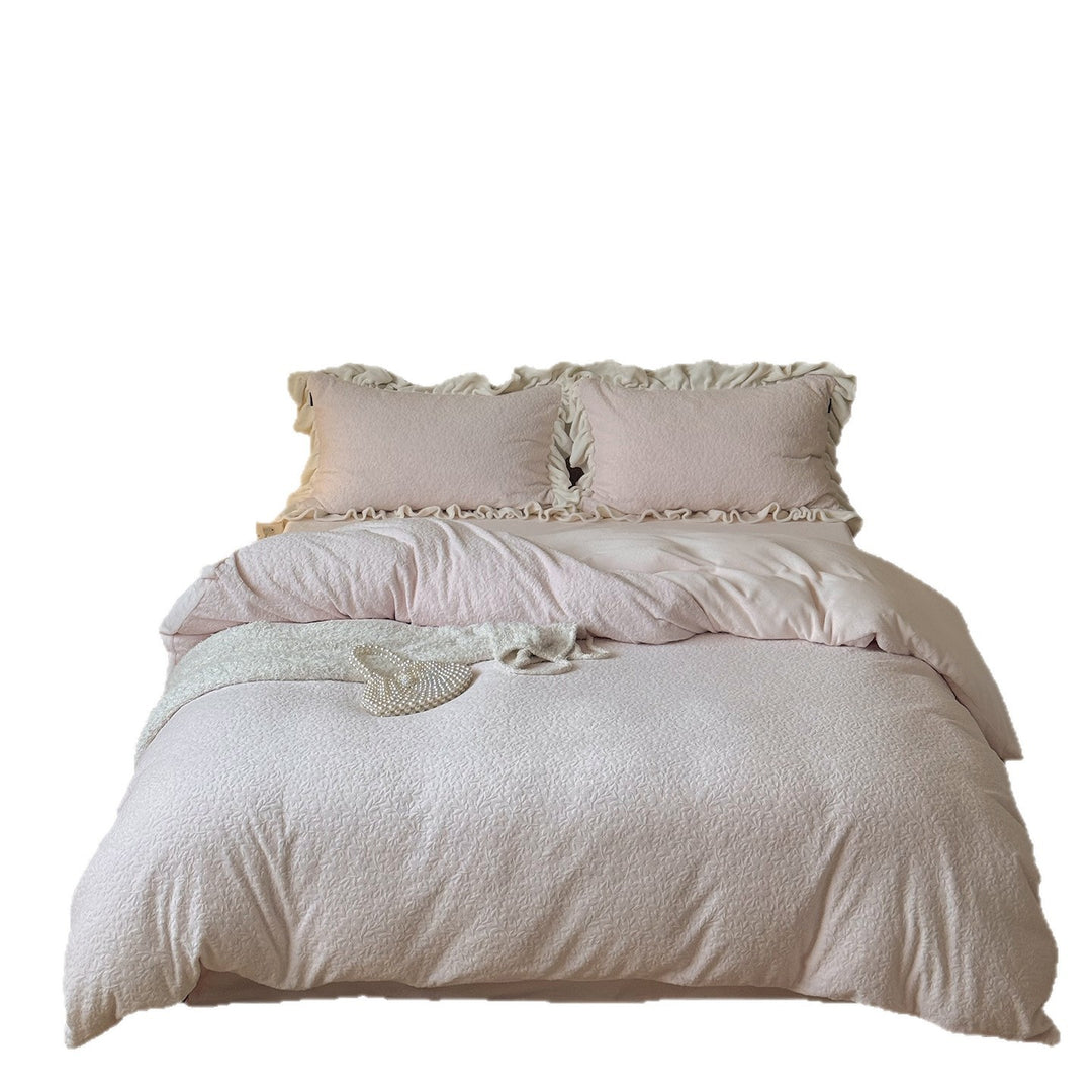 Quilted Floral-Embossed Cotton Duvet Cover Set with Ruffle-Trim Pillow Shams & Reversible Lightweight Layer