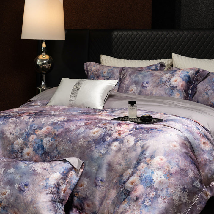 Satin bedding set in watercolor floral pattern with silky smooth finish