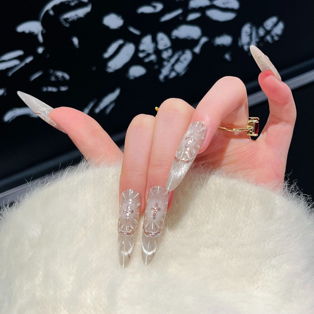 Chic Press-On Nail Set with Elegant Rhinestone Design Stornfield