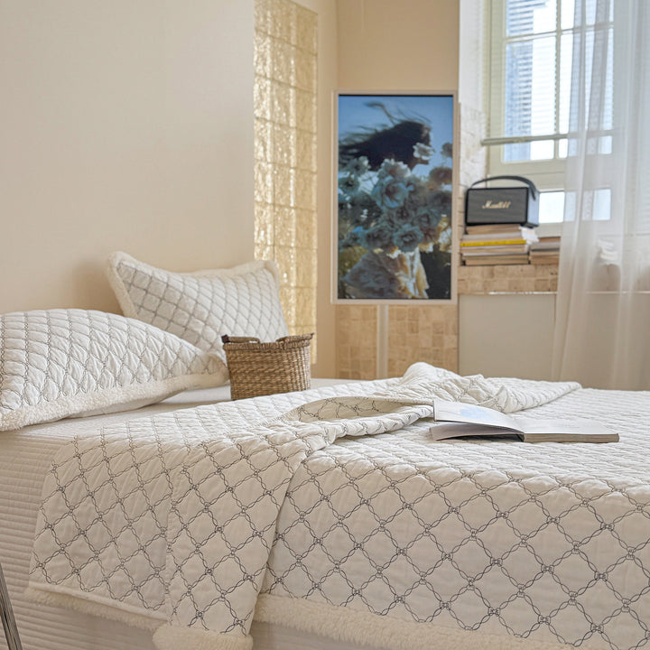 Diamond-Link Quilted Reversible Sherpa-Lined Coverlet and Sham Set