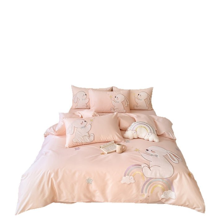 Children's Cotton Duvet Cover Set with Embroidered Bunny and Rainbow Appliqué