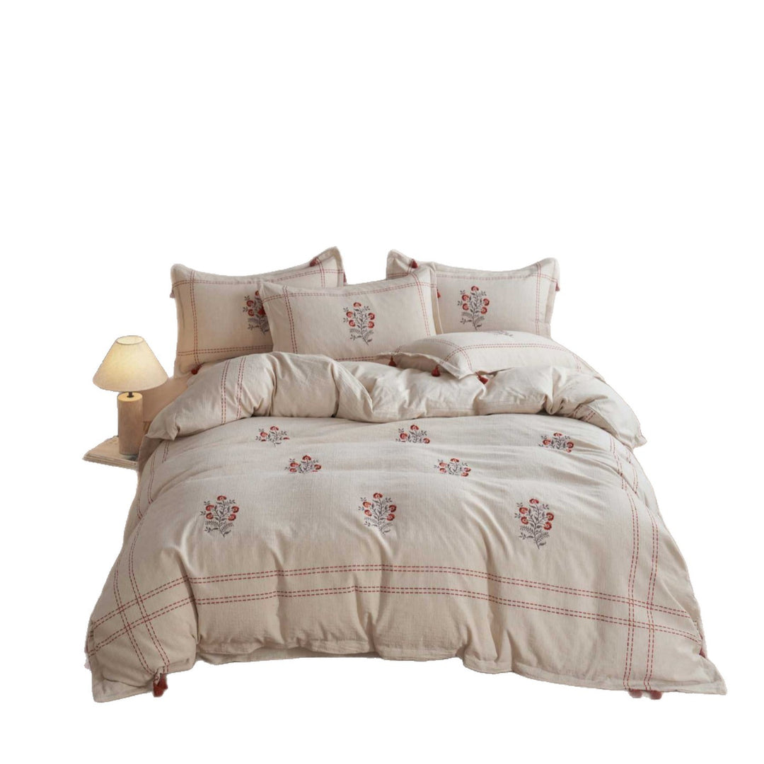Embroidered Floral Cotton-Linen Duvet Cover Set with Tassel Corners and Decorative Pillow Shams