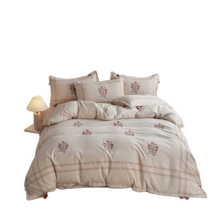 Embroidered Floral Cotton-Linen Duvet Cover Set with Tassel Corners and Decorative Pillow Shams