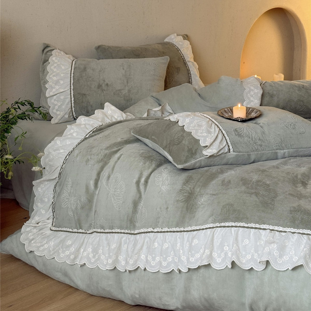 Embossed Butterfly Ruffled Comforter Duvet Cover Set