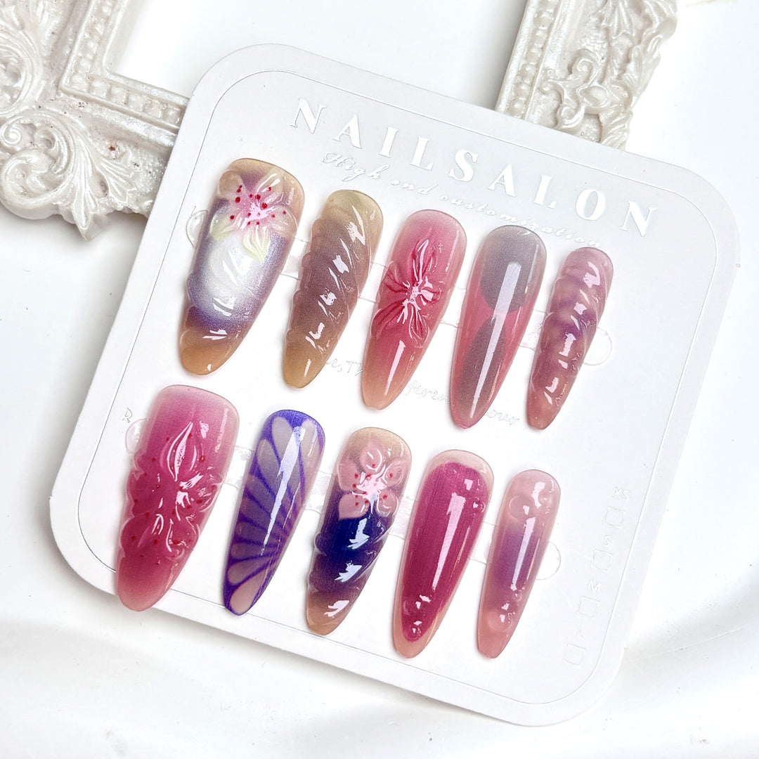 Decorative Press-On Nail Set with Floral and Artistic Designs