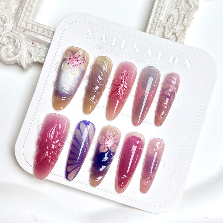 Decorative Press-On Nail Set with Floral and Artistic Designs