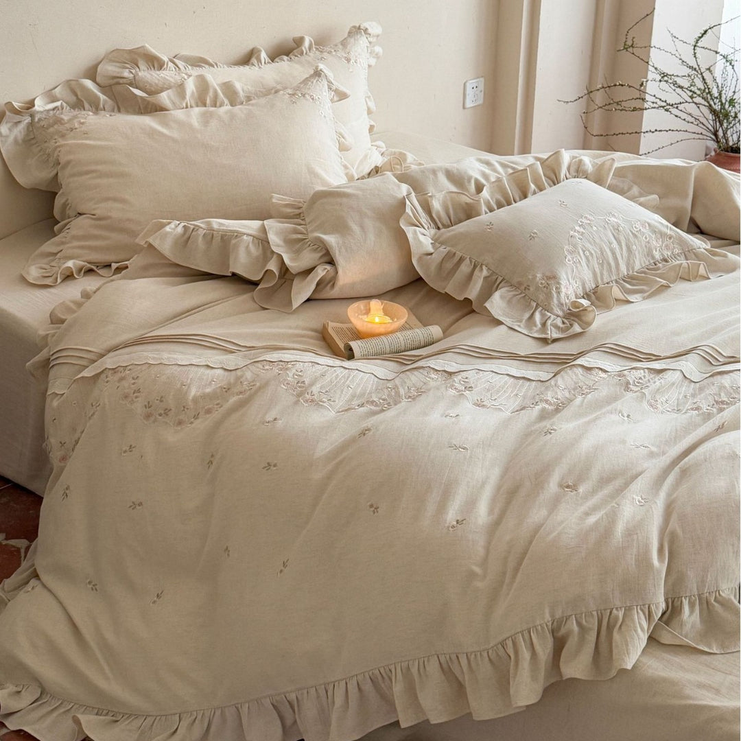 Ruffled Embroidered Linen Duvet Cover Set with Frilled Sham Pillowcases