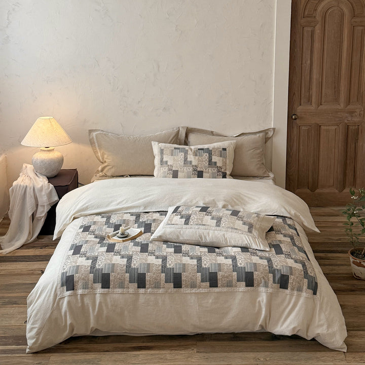 Patchwork Quilted Duvet Cover Set with Linen-Blend Percale Pillow Shams