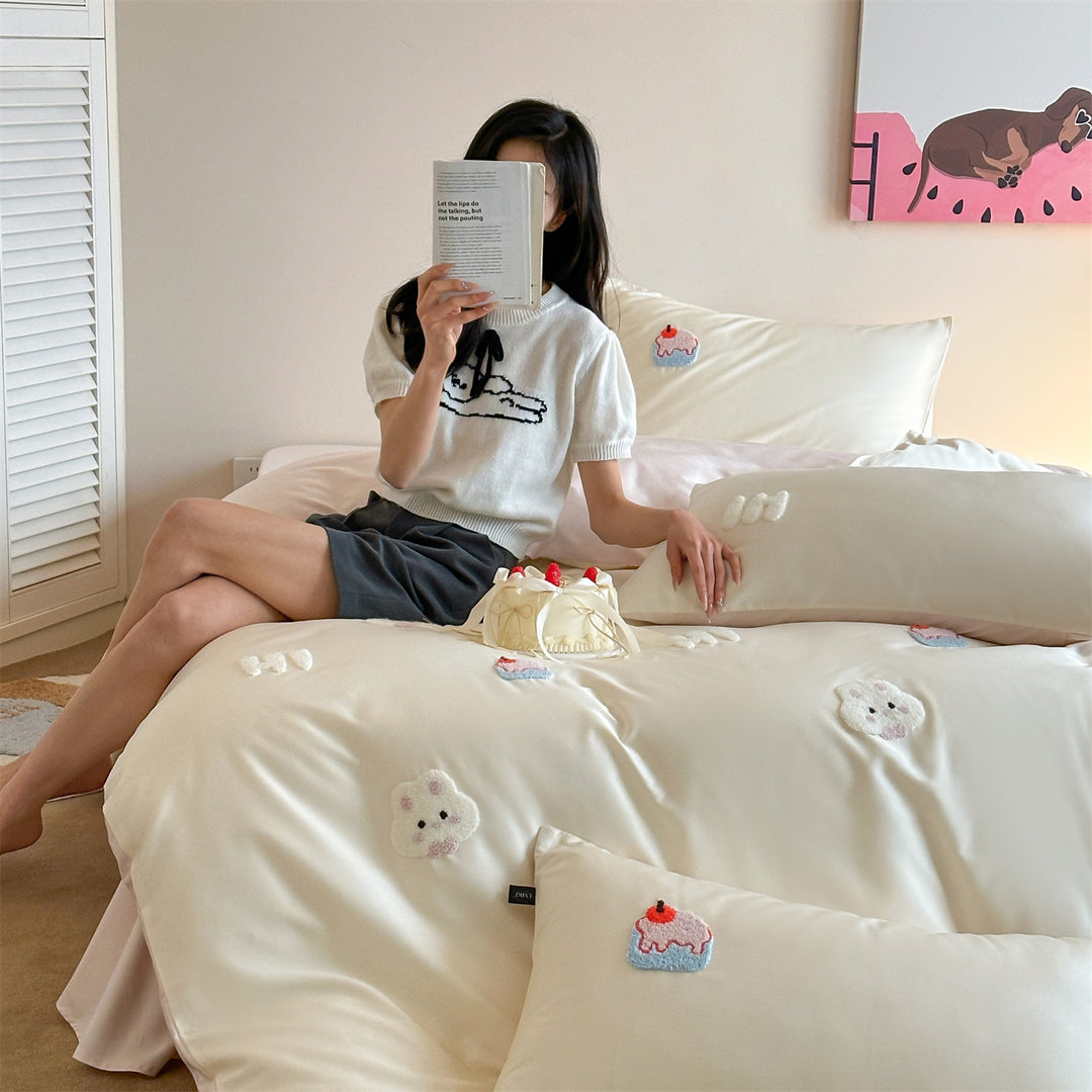 Embroidered Appliqué Satin-Like Duvet Cover Set with Pillow Shams