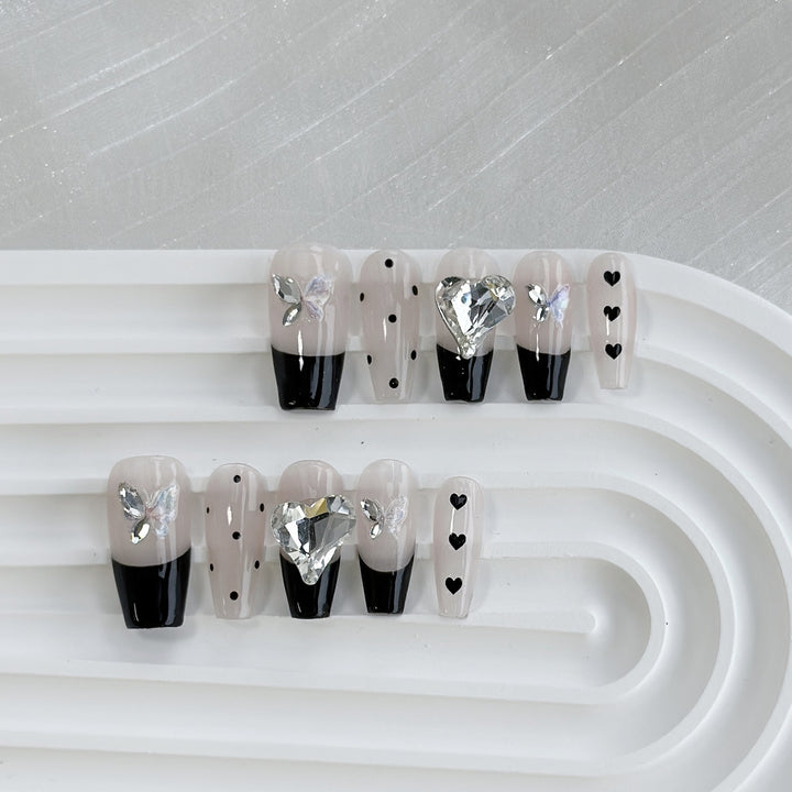 Artistic Press-On Nail Art Set with Heart and Celestial Designs