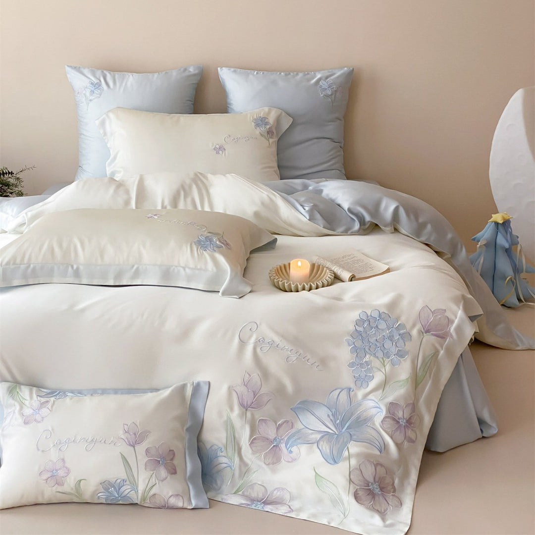Botanical Embroidered Satin-Blend Duvet Cover Set with Pillow Shams