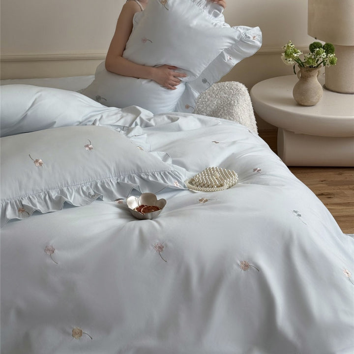 Embroidered Mini-Floral Sateen Duvet Cover Set with Frilled Pillow Shams and Accent Cushion Cover