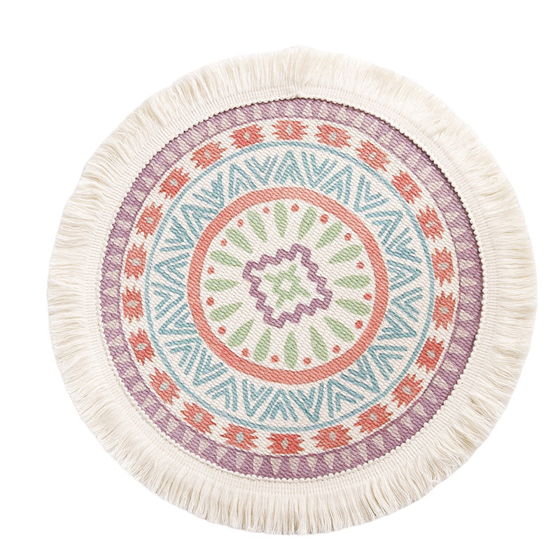 Beef flat-woven floor rug in Boho-Mandala design with cotton fringes