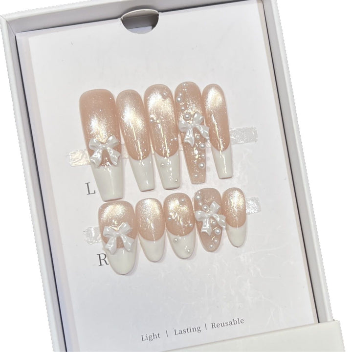 Decorative Long Press-On Nail Set with Bow and Pearl Accents Stornfield