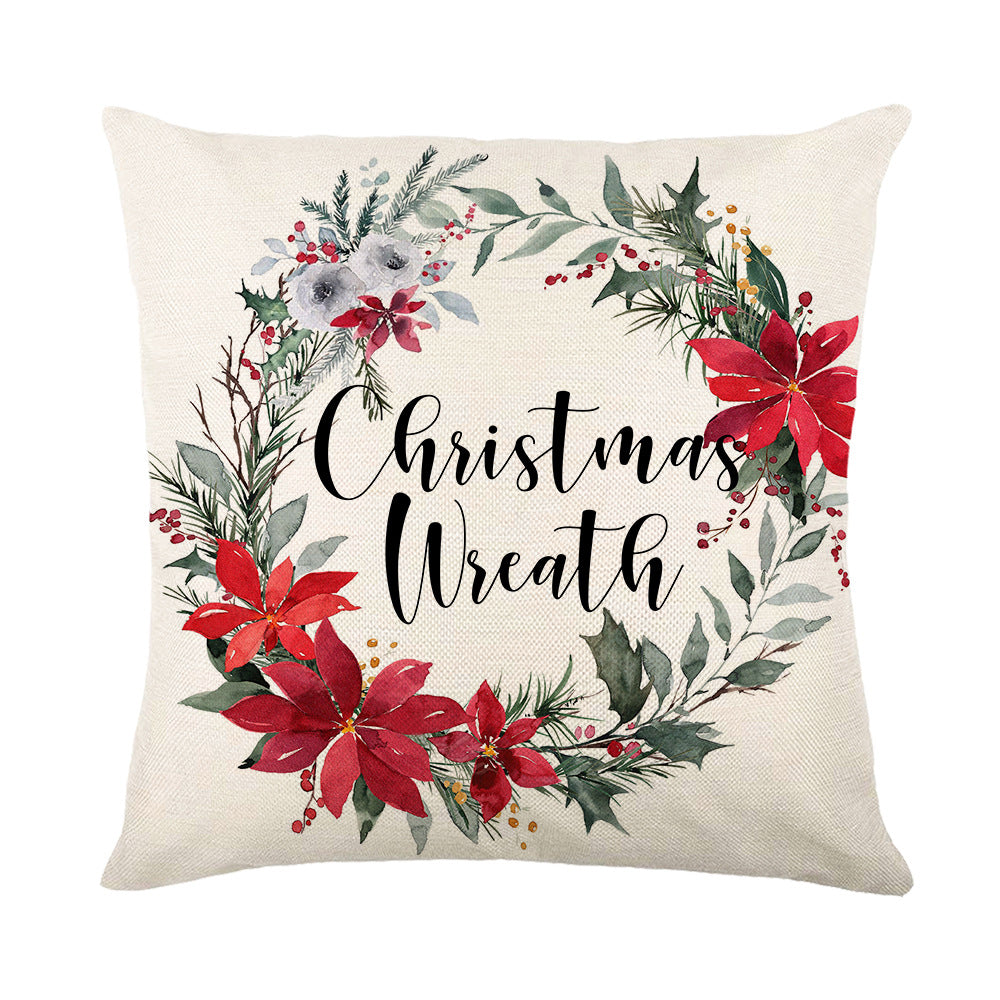 Holiday Linen Throw Pillow Cover with Merry Bright Script and Ribbon Bow Accent