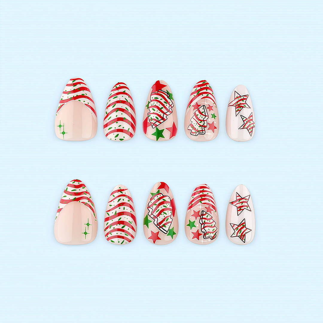 Artificial nails in festive Christmas design with colorful accents Stornfield