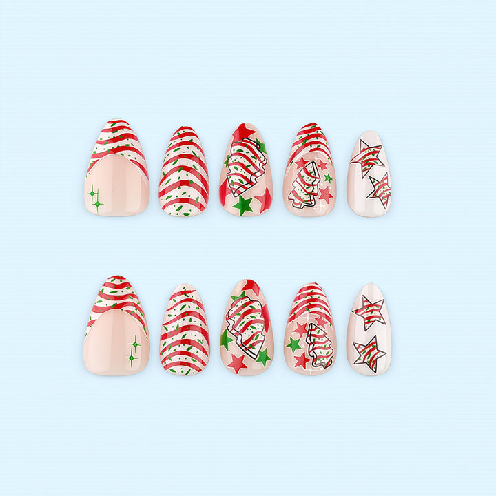 Artificial nails in festive Christmas design with colorful accents Stornfield