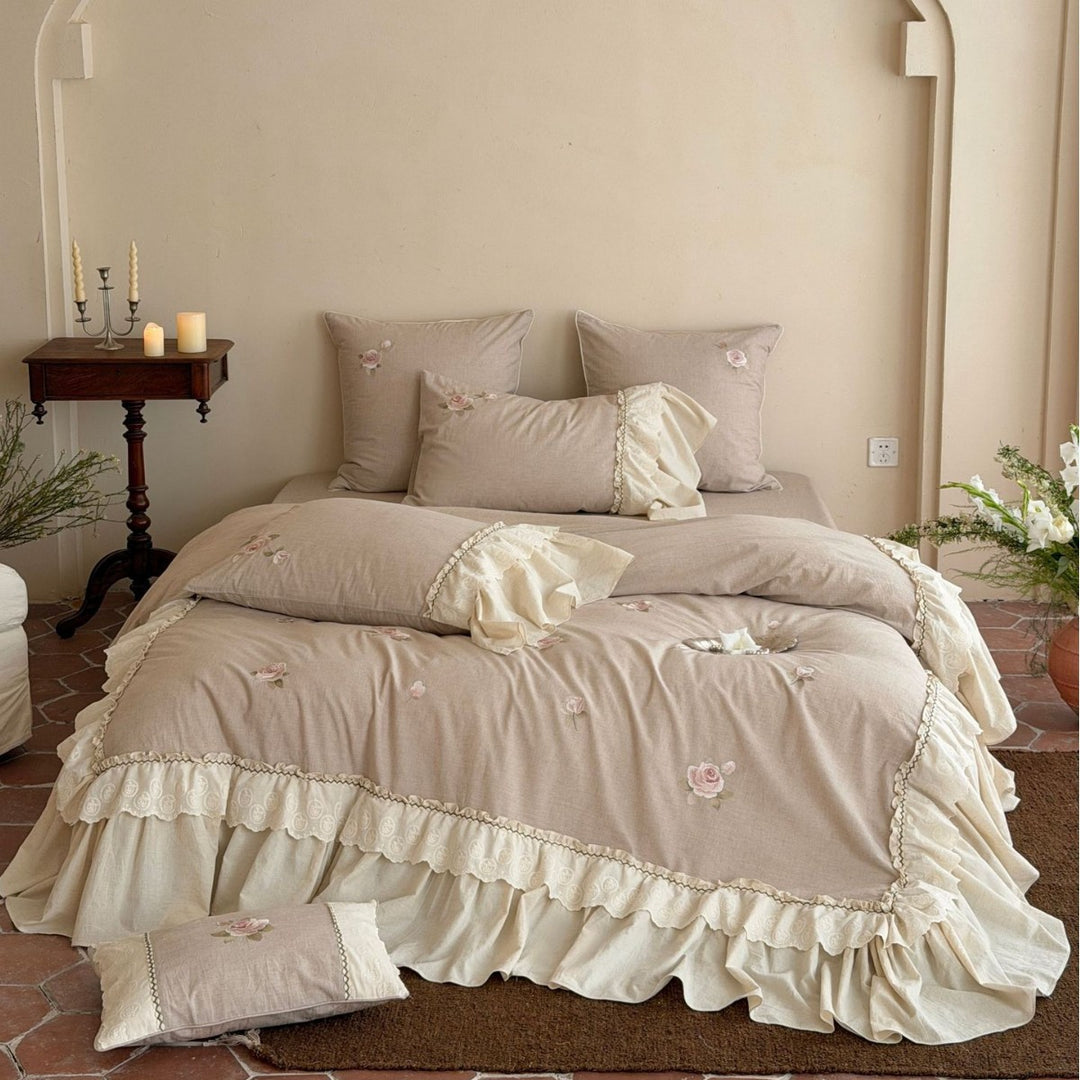 Ruffled Embroidered Rose Cotton-Linen Duvet Cover Set with Bed Skirt & Decorative Shams