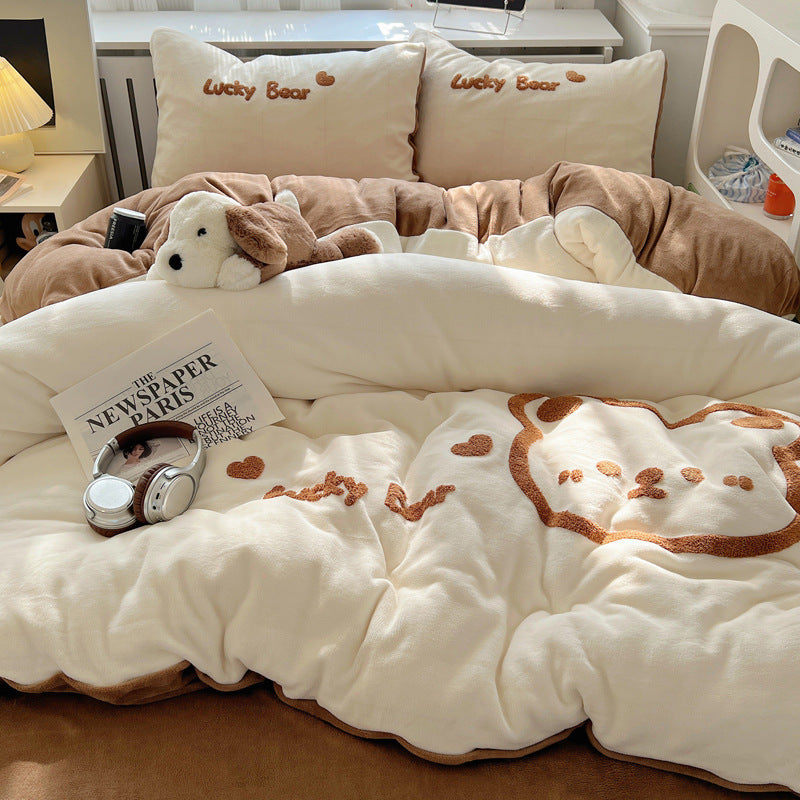 Plush Embroidered Cat Stripe Comforter Bedding Set