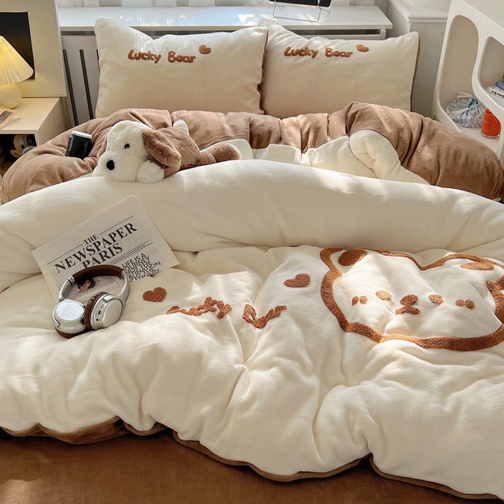 Plush Embroidered Cat Stripe Comforter Bedding Set