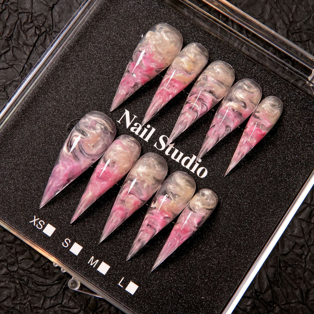 Artistic Stiletto Press-On Nail Set with Marble Finish