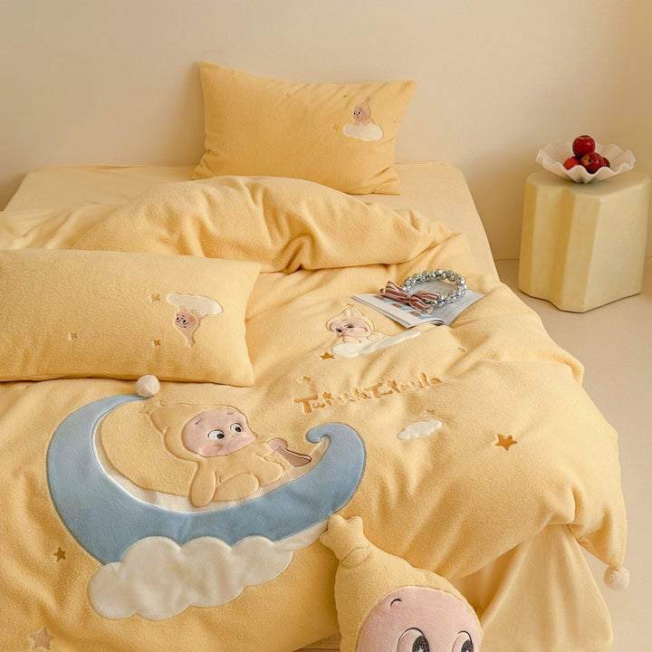 Plush Microfiber Embroidered Baby Moon Duvet Cover Set with Appliqué Pillow Shams