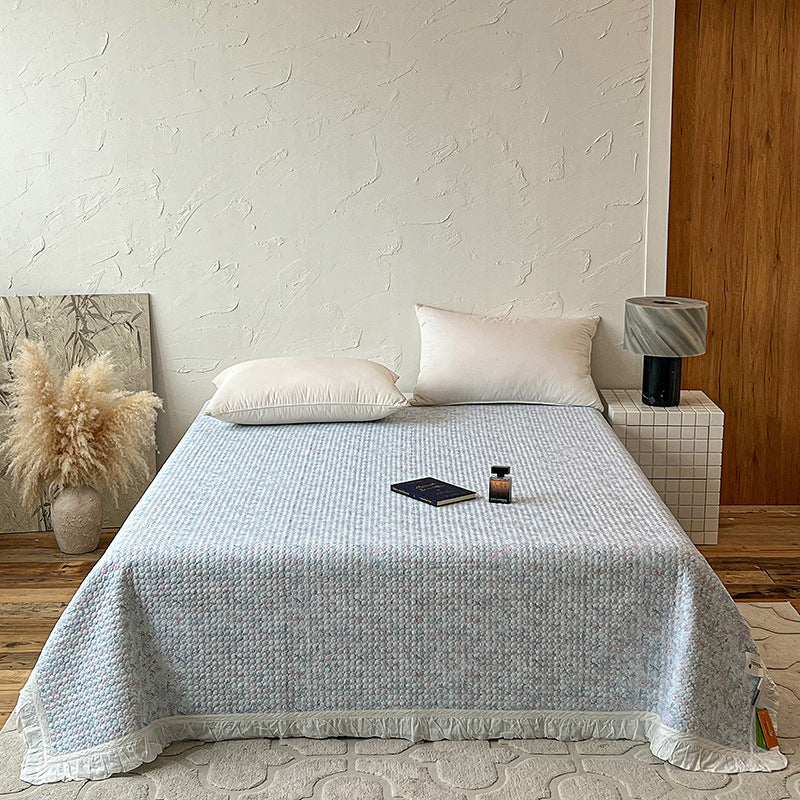 Quilted Bedspread Coverlet with Ruffled Edge and Mini Floral Print