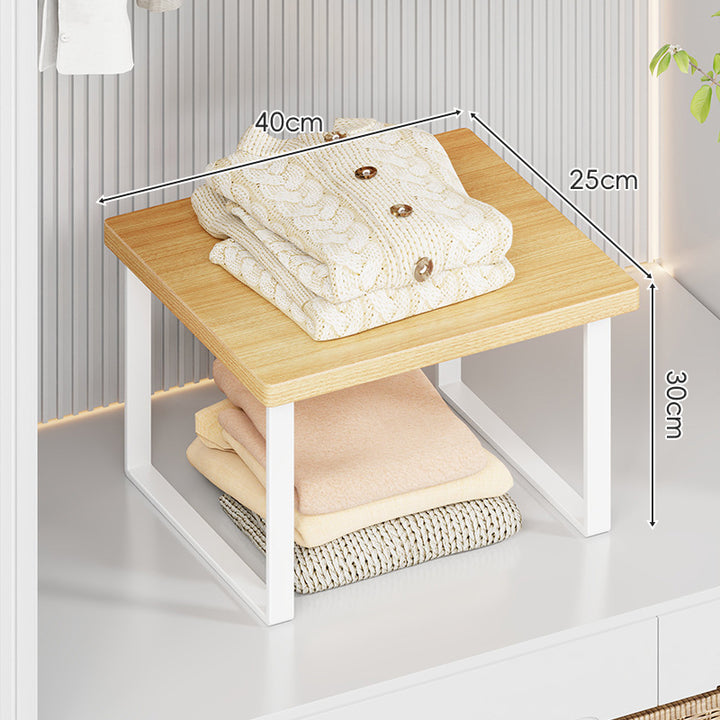 Compact Wooden-Top Metal Shelf Riser for Closet and Countertop
