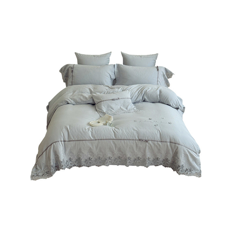 Romantic Lace-Edged Embroidered Duvet Cover Set with Satin Ribbon Trim & Scalloped Hem