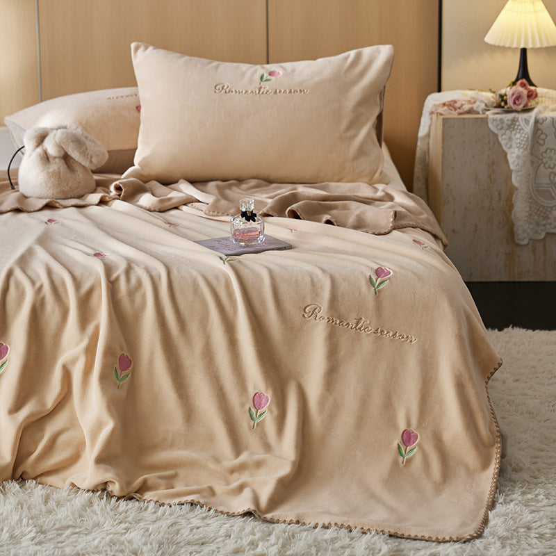 Plush Embroidered Tulip Velvet Bedspread and Matching Pillowcase Set