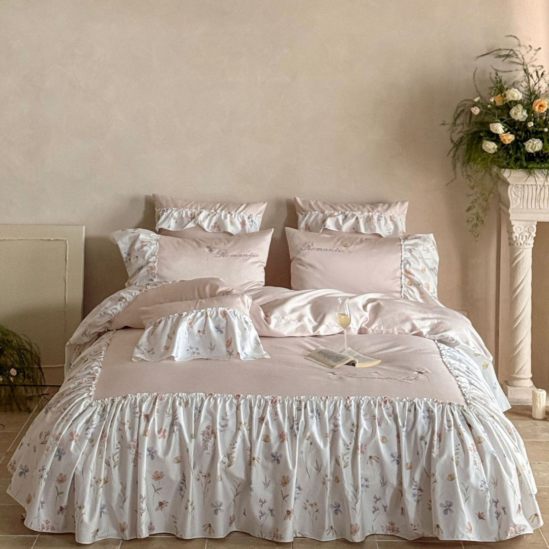 Ruffled Floral Cotton Sateen Duvet Cover Set with Pillow Shams and Bed Skirt