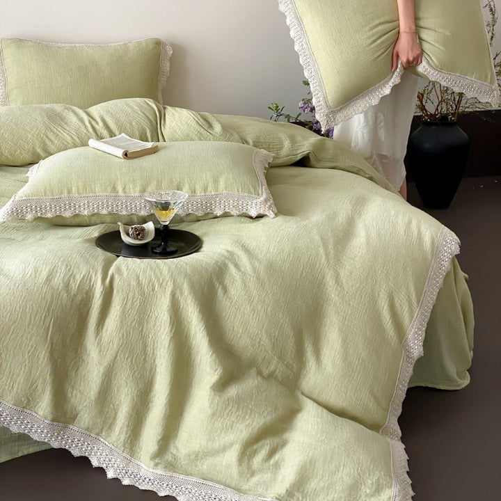 Luxurious linen bedding set with lace trim and pillowcases