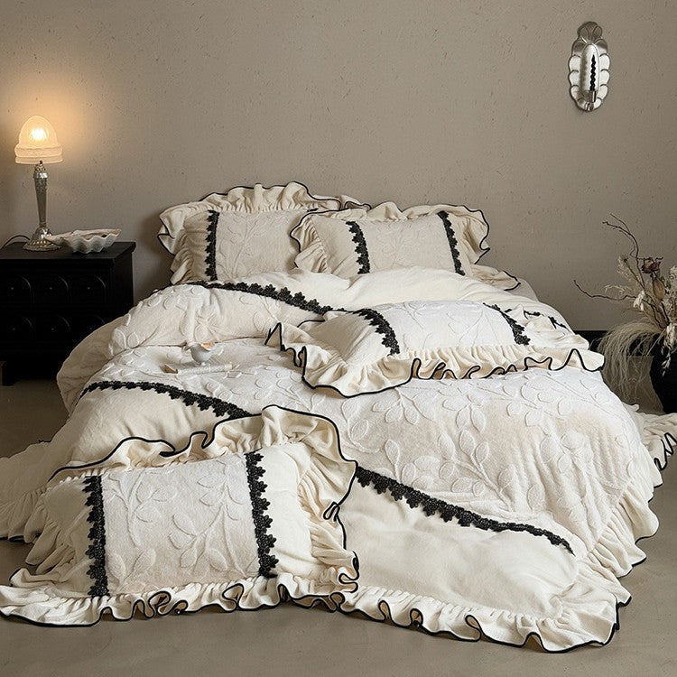 Luxurious Velvety Bedding Set with Ruffle and Floral Lace Border