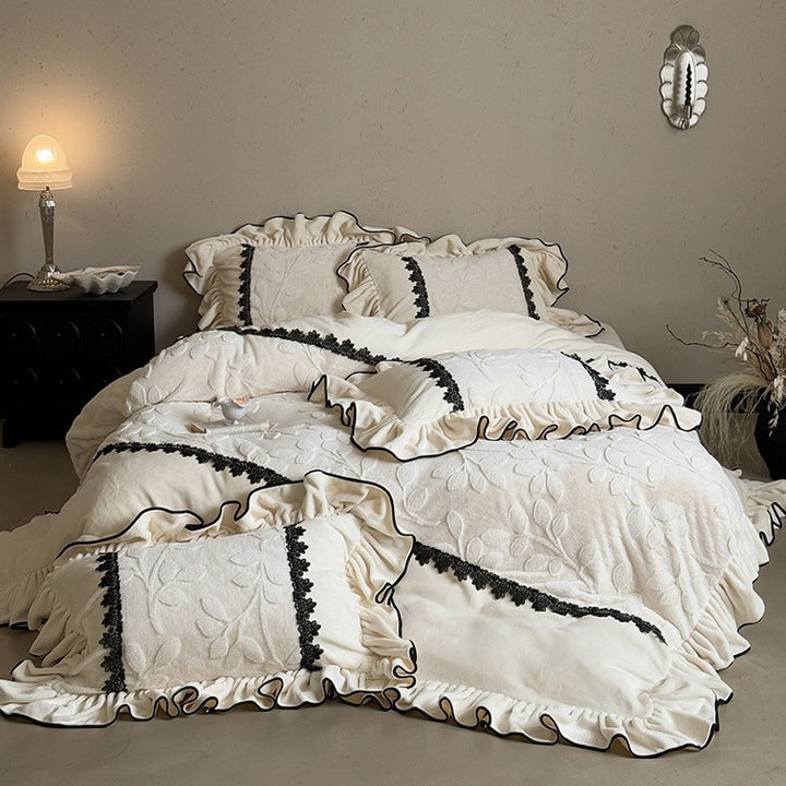 Luxurious Velvety Bedding Set with Ruffle and Floral Lace Border
