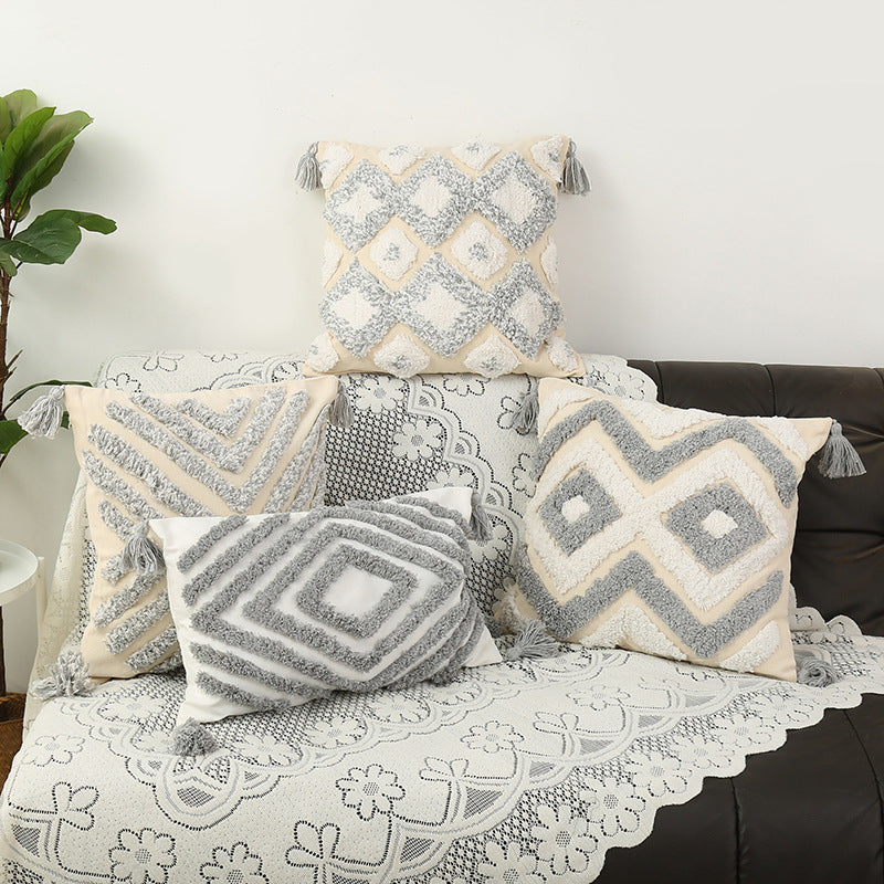 Tufted Chevron Tassel Cotton-Linen Decorative Pillow Cover