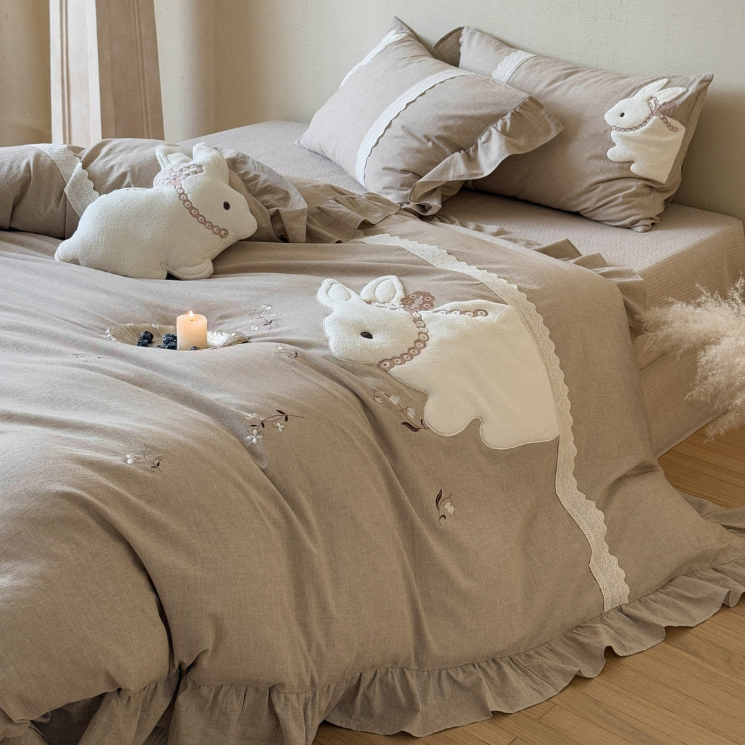 Linen Embroidered Ruffled Duvet Cover Set