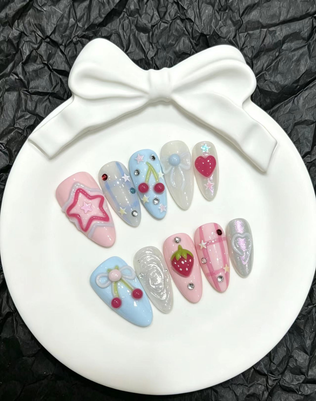 Whimsical Cherry and Heart-Themed Press-On Nail Set