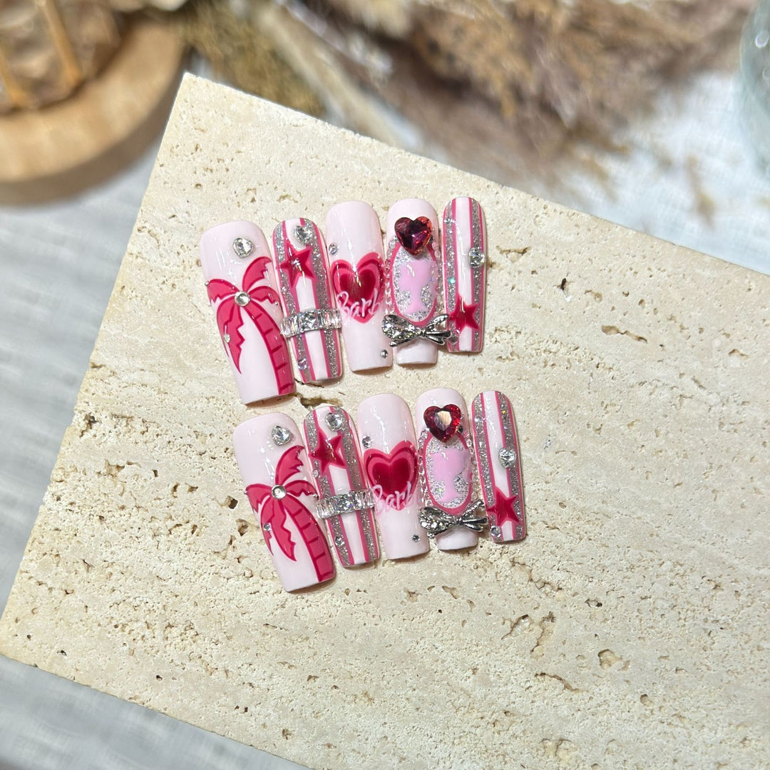 Artistic Press-On Nail Set with Playful Heart and Palm Designs Stornfield