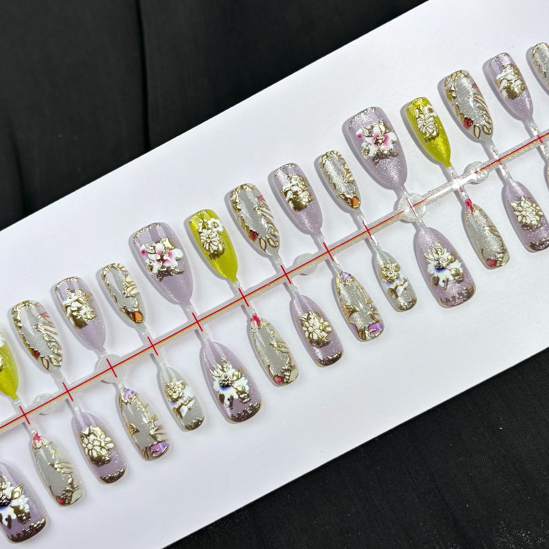 Artistic Floral Jewel-Embellished Press-On Nails